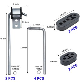 Ganluuree 10PCS Exhaust Hanger Rod Set 10" 7.6" 90°Bend Adjustable Rubber Exhaust Muffler Hangers Mild Steel Zinc Coated Car Automotive Replacement Clamps Flanges Parts 2 Hole 4 Hole Insulator Mount