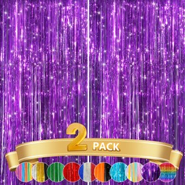 2 Pack Purple Metallic Tinsel Foil Fringe Curtains, Door Streamers Photo Booth Backdrop for Birthday Party, Tinsel Curtain Backdrop for Baby Shower Bachelorette Christmas Party Decorations