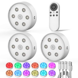 Onumii Rechargeable Under Cabinet Lighting Puck Lights with 2.4G Remote 2600mAh Sync and Groupable Color Changing Magnetic Stick on Tap Lights for Cabinet, Shelves, Display Case (3Pack White)