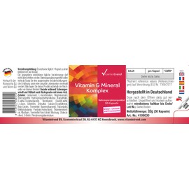 Vitamin & Mineral Complex - 30 Capsules, Multivitamin Preparation in Safe Dosage - Bioavailable Supplements from Germany Vitamintrend®