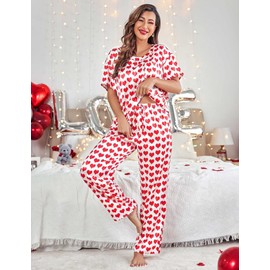 Ekouaer Valentines Pajamas for Women Two Piece Pajama Set Silk Satin Valentine Pj Set Heart Silky Pjs Set Bride Pajamas Valentines Pajama Valentines Day Outfits Red Heart XL