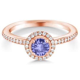 Gem Stone King 0.65 Ct Round Blue Tanzanite 18K Rose Gold Plated Silver Engagement Ring (Size 5)