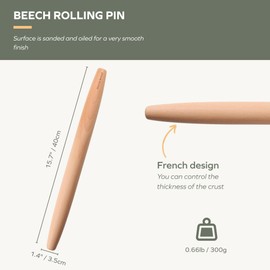 Muso Wood Wooden French Rolling Pin for Baking, Beech Wood Tapered Rolling Pin for Fondant Pie Crust Cookie Pastry(French 17.5-Inch)