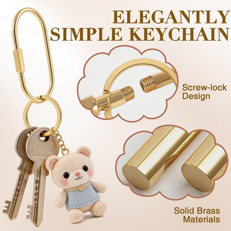 6Pcs Brass Gold Carabiner Oval Key Ring, Anti-Theft Screw Lock