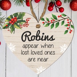 "Robins Appear When Lost Loved Ones Are Near" Heart-Shaped MDF Wooden Hanging Plaque – Memorial Remembrance Decoration, Christmas Ornament with Holly and Berry Design