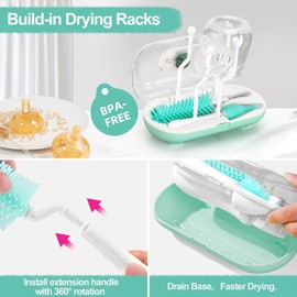 Bottle Brush Set with Drying Rack,Travel Bottle Cleaner Kit with Baby Bottle Brush,Straw Cleaner Brush,Nipple Brush-Baby Travel Essentials for Flying (Green, Box-Shaped)