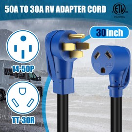 Kanayu Surge Protector 50 Amp to 30 Amp RV Adapter Cord with Overload Protection ETL Listed NEMA 14-50P to TT-30R 3600J Electrical Power Adapter for Camper Travel Trailer STW 10 AWG/3C, 2.5ft
