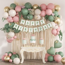 Pink and Sage Green Birthday Decorations with Light Pink Sage Green Sand White Metallic Gold Foil Balloons Fringe Curtain Banner for Happy Birthday Decorations for Women