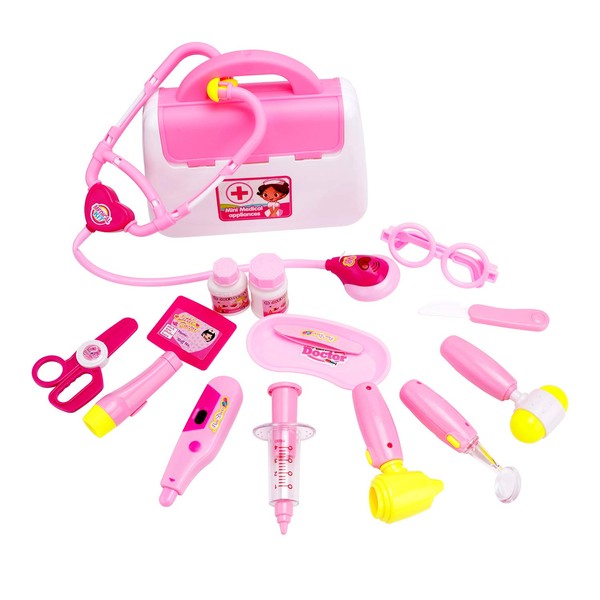 Scoolr Doctors Kit for Children, 16pcs Kids Doctor Kit with Electronic Stethoscope Pretend Doctor Role Play Medical Toys Set in Pink Durable Case Doctor Toys for 3 4 5 Years Olds Girls