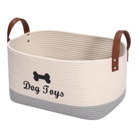 Geyecete X-Large Cotton Rope Dog Basket with Leather handle Blanket Storage Basket Decorative Clothes Hamper Basket | Extra Large Baskets for Blankets or Laundry-Beige/Gray