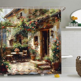 Rustic Garden Shower Curtain Italian European Tuscany Italy Street City Courtyard Flower Vine Greece Vintage Pot Culture Mediterranean Bathroom Curtain Set Polyester Fabric Hooks 70 X 70 Inch