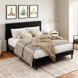 HAOARA Full Size Platform Bed Frame with Velvet Upholstered Headboard, Full Bed Frame with Strong Wood Slats, Mattress Foundation, Box Spring Optional, Easy Assembly, Black