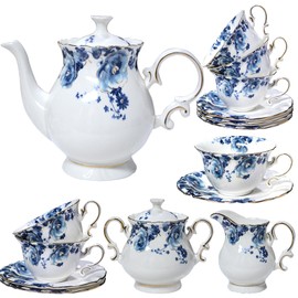 21-Piece Bone China Tea Set for Adults, Blue and White Porcelain Tea Set for 6, Vintage Floral Tea Set With Teapot Creamer Pitcher Sugar Bowl and Teaspoons, Tea Party Sets for Women Gift