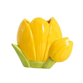 Hosoncovy Ceramic Tulip Makeup Brush Organizer Pot Makeup Brush Holder Pen Pot Pencil Holder Flower Vase (Yellow)