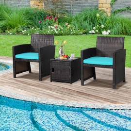 Tangkula 3 Pieces Outdoor Wicker Conversation Set with Waterproof Cover, 2 Patio Rattan Cushioned Chairs with Side Storage Table, Suitable for Front Porch, Balcony, Garden, Poolside (Turquoise)