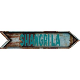 ANY AND ALL GRAPHICS Shangri LA City 4"x18" Teal Lettering Arrow Shaped Rustic Antique Vintage Look Composite Aluminum Novelty décor Sign.