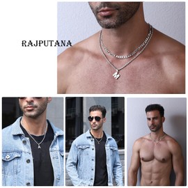 Rajputana Layered Initial A-Z Chain with Letters, Necklace for Boys, Stainless Steel Letter Necklace, 18 + 20 Figaro Rope Chain, Jewellery Gifts for Boyfriend, Men, Women, Stainless steels, No