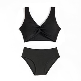 J.E Sterguard Two Piece Swimsuits Teen Bikini Color Block Girls' Swimwear Ribbed Swimsuits Size 8-16, Black, 10 Years