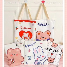 Cute Small Canvas Eco Bag for Girls Students Book Bag Fabric Bag Makeup Lesson 80 Free Size/Red Love Rabbit (No Zipper) 10ea