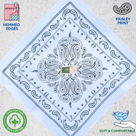 WG inc Cotton Bandana, 12 Pack, Multi-Purpose White Bandanas Headbands, Paisley Printed Head Scarf, Cowboy Headwear, Handkerchiefs for Men & Women (White)
