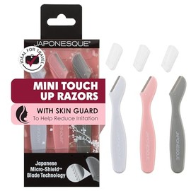 Japonesque- Mini afeitadoras de retoque - Juego de herramientas de dermaplaning de tamaño de viaje - Kit de 3 mini afeitadoras de viaje, afeitadora dermaplaning de una hoja fija para mujeres