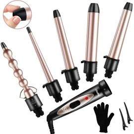 5 in 1 Curling Iron Wand Set, Ohuhu Upgrade Curling Wand with 5Pcs 0.35 to 1.25 Inch Interchangeable Ceramic Barrel and Heat Protective Glove, Dual Voltage Hair Curler Mother's Day Gifts Rose Gold