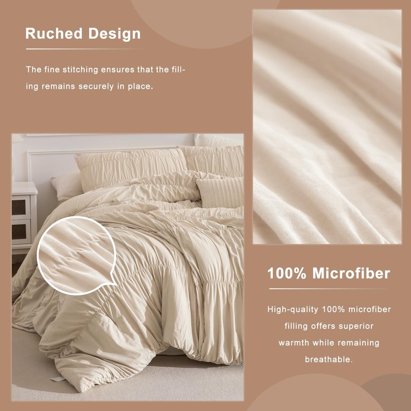 Masaca King Size Comforter Set(106"x95"),Wheat Ruched Bedding Comforter,Farmhouse Shabby Boho