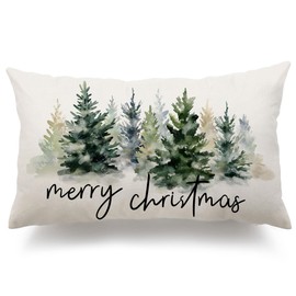 DFXSZ Christmas Pillow Covers 12x20 Christmas Decorations Watercolor Blue Green Christmas Tree Rustic Style Nature Forest Print Decorative Throw Pillows Winter Christmas Decor 003E12