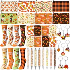 Dansydaisy 32 Pcs Fall Gifts Set Autumn Makeup Bags Bulk Pumpkin Socks Holiday to Do List Notepad Turkey Ballpoint Pens Keychain Thanksgiving Party Gifts