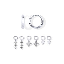 PAVOI Rhodium Plated Charms Huggie Earrings Pack for Women - Flower Cubic Zirconia Huggie Earrings with Charms Set, White Gold, Cubic Zirconia