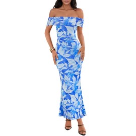 MEROKEETY Women's Summer Off Shoulder Floral Maxi Dress 2025 Formal Wedding Guest Cocktail Bodycon Dresses, Blue, Medium