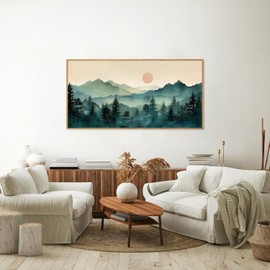 SIGNINART Large Misty Mountains Framed Canvas Wall Art, Foggy Forest Wall Decor, Smokey Nature Pine Tree Wall Painting, Modern Boho Sunrise Art Prints for Bedroom Living Room and Office - 20"x40"