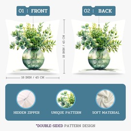 Umootek 4pcs Green Leaves Throw Pillow Covers, 18x18in Square Short Plush Botanical Decorative Throw Pillow Cushion Cases Cover for Outdoor Sofa Patio Couch Car Home Farmhouse Decor