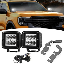 Wsays 2Pcs 24W LED Light Pods & Ditch Hood Hinge LED Pod Mount Bracket w/Wiring Kit Compatible with Ford Ranger 2019-2023