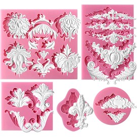 Funshowcase Molde de silicona para fondant de encaje de estilo barroco para manualidades, decoración de bordes de pasteles, decoración de cupcakes, joyas, arcilla polimérica, acento de velas, proyectos de manualidades, juego de 5 pulgadas