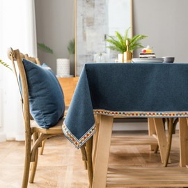 Homxi Rectangular Outdoor Tablecloth 130 W x 180 L cm, Outdoor Tablecloth Blue Plain with Embroidered Border Cotton Linen Table Linen Table Linen Table