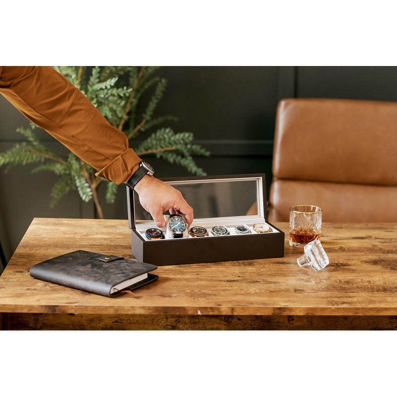 CASE ELEGANCE Solid Espresso Wood Watch Box Organizer with Glass