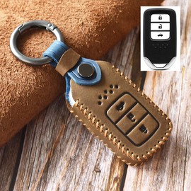 HIBEYO Smart Car Key Case Fits Honda Protective Remote Key Case Cover for Honda CR-V Jazz Civic HR-V Key Case with Leather Key Fob Car Accessories 3-Button Brown
