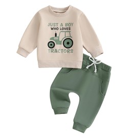 Toddler Baby Boy Fall Winter Outfit Clothes Set Infant Boys Tracksuit 2PC Casual Long Sleeve Sweatshirt Pullover Tops Tractor Graphic + Elastic Waist Pants With Pockets Trouser (Green, 3-4 Years)