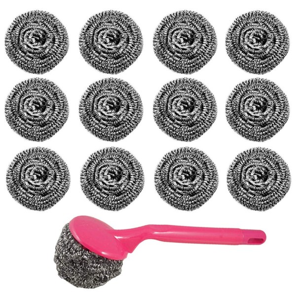 12pcs Stainless Steel Scourer Scrub Pad with Plastic Handle Cleaning Brush Metal Scouring Pad Removes Grease, Oil and Dirt Stains from Pots, Dishes and Bakeware for Household Kitchen Restaurants