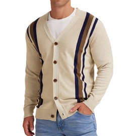 NITAGUT Men's Retro Cardigan Sweater Comfortable V Neck Stripes Button Down Knitted Sweater Stripe Beige Brown 3, Small