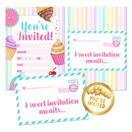 Kirsten McMillan 36 Cupcake Birthday Party Invitations for Kids - Pack of 36 Cupcake Party Invites for Girls & Boys - Designed and Printed in the UK