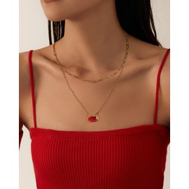Lourny Gemstone Birthstone Pendant Layered Necklace for Women Trendy, 18K Gold Plated Paperclip Chain Preppy Choker Charm Necklace for Women Wife Jewelry (Red)