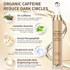 Eye Cream for Dark Circles - Caffeine & Hyaluronic Acid Serum, Reduces Puffiness, Eye Bags & Wrinkles with 360° Massage Ball, Anti-Aging Care, 20ML