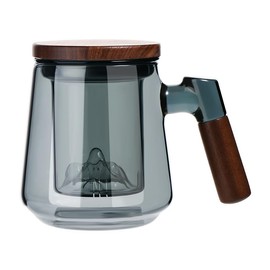 SHUWEICAO-Glass Tea Cup with Infuser and Lid, 17oz/500ml Hand-blown Borosilicate Glass Tea Mugs for Loose Leaf Tea. Gifts for Men (Landscape View Mark)