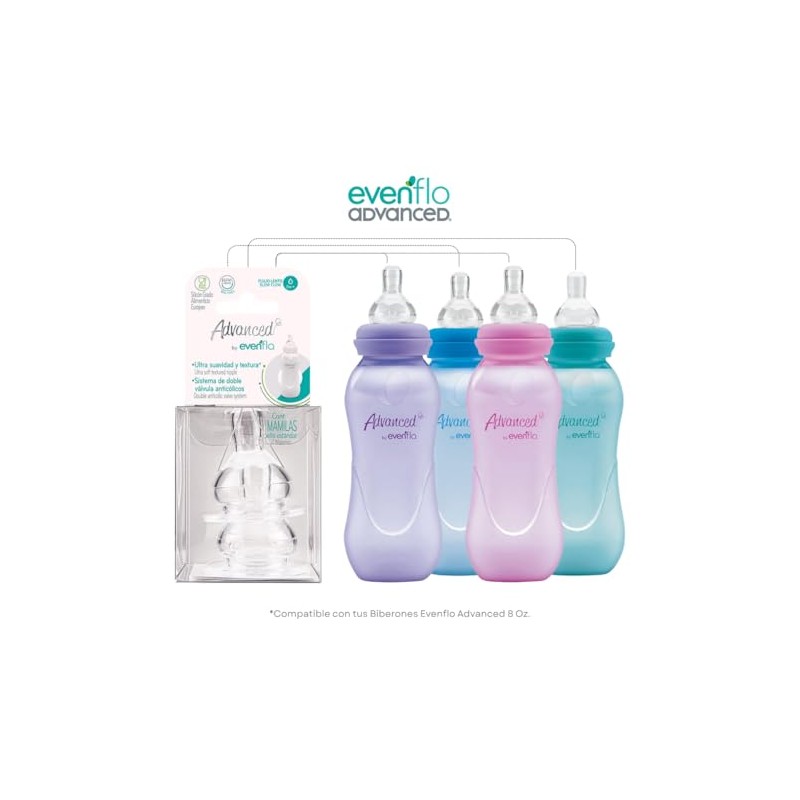 Evenflo Advanced Mamilas Anticólicos, Cuello Estándar, Flujo Lento, Silicón Grado
