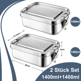 Homikit Lunch Box with Compartments, Pack of 2 Stainless Steel Bento Box Lunch Box for Children and Adults, Lunch Box with Removable Divider, Leak-proof & Sealing Ring, 1400 ml + 1400 ml