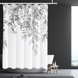 Tititex Light Grey Eucalyptus Shower Curtain Sets, Watercolor Gray Leaves on The Top Plant with Floral Bathroom Decoration 60x72 Inch with Hooks