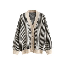 ZAFUL Women's Striped Cardigan Long Sleeve Button Up Open Front Knit Oversized Sweater (0-Stripes)