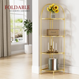Crofy Foldable 4 Tier Corner Shelf, Metal Corner Plant Stand with Gold Frame and Transparent Shelves, Corner Display Rack Multipurpose Shelving Unit for Living Room, Bedroom, Bathroom